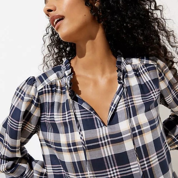 LOFT Tops - LOFT Navy Plaid Ruffle Blouse